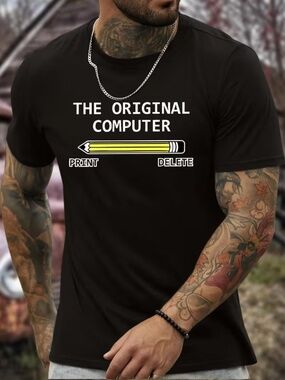 Sz L Black Short Sleeve Tee Shirt "The Original Computer" Pencil with Eraser